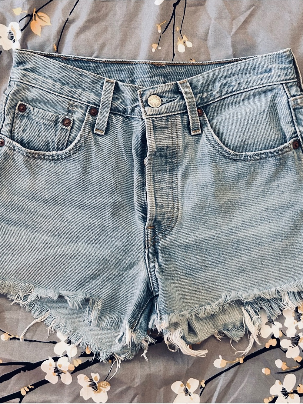 Levi's 501 Light Blue Denim Frayed Hem Cutoff Shorts